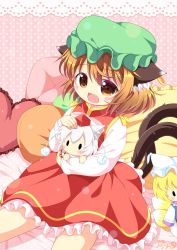 Rule 34 | 1girl, :o, animal ears, animal hat, bed sheet, blush, brown eyes, brown hair, cat ears, cat tail, character doll, chen, dress, eyebrows, fang, fox tail, green hat, hat, heart, heart-shaped pillow, hugging doll, hugging object, inubashiri momiji, long sleeves, mob cap, multiple tails, nekomata, open mouth, pila-pela, pillow, pink background, polka dot, polka dot background, pom pom (clothes), red dress, ribbon, simple background, sitting, solid oval eyes, solo, spread legs, tabard, tail, tareme, tokin hat, tooth, touhou, two tails, white dress, wolf ears, yakumo ran, yellow ribbon