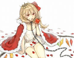 Rule 34 | 1girl, alternate costume, blonde hair, cape, chain, collar, crown, eating, fangs, flandre scarlet, food, fruit, hair ribbon, holding, holding food, holding fruit, itak69, petals, red eyes, red ribbon, ribbon, rose petals, shirt, simple background, sitting, solo, touhou, white background, white shirt, wings