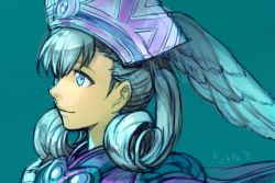Rule 34 | 1girl, blue background, blue eyes, blue hair, cape, closed mouth, curly hair, from side, hat, head wings, hungry clicker, melia antiqua, simple background, smile, solo, translation request, upper body, wings, xenoblade chronicles (series), xenoblade chronicles 1