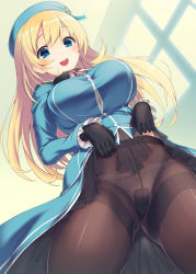 Rule 34 | 10s, 1girl, akanagi youto, atago (kancolle), bad id, bad pixiv id, black gloves, black pantyhose, blonde hair, blue eyes, blush, breasts, crotch seam, gloves, hat, highres, kantai collection, large breasts, long hair, looking at viewer, military, open mouth, panties, panties under pantyhose, pantyhose, smile, solo, thighband pantyhose, underwear, uniform