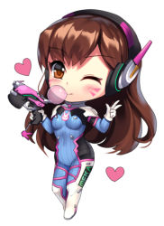 Rule 34 | 1girl, ;), aruma jiki, asymmetrical bangs, blue bodysuit, blush, bodysuit, breasts, brown eyes, brown hair, blowing bubbles, charm (object), chewing, chibi, closed mouth, clothes writing, covered navel, d.va (overwatch), facial mark, full body, gloves, gun, hand up, headgear, heart, holding, holding gun, holding weapon, long hair, medium breasts, nendoroid, one eye closed, overwatch, overwatch 1, simple background, smile, solo, standing, striped, trigger discipline, v, vertical stripes, very long hair, weapon, whisker markings, white background, white gloves