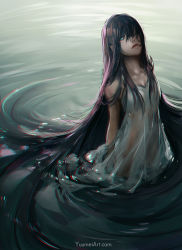 Rule 34 | 1girl, arms behind back, black hair, blue eyes, breasts, chromatic aberration, closed mouth, dress, hair over one eye, highres, lips, long hair, looking at viewer, original, ripples, small breasts, solo, standing, third-party source, water, watermark, web address, wet, wet clothes, white dress, yuumei