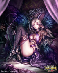 Rule 34 | 1girl, anbe yoshirou, artist name, bare shoulders, bikini, blonde hair, breasts, bug, butterfly, cleavage, copyright name, demon girl, demon horns, demon tail, detached sleeves, english text, horns, bug, jewelry, large breasts, long hair, looking at viewer, lots of jewelry, original, purple eyes, shinma x keishou! ragnabreak, smile, solo, swimsuit, tail, thighhighs, wings