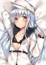 Rule 34 | 1girl, absurdres, arms up, bed sheet, black bra, blue eyes, blush, bow, bow bra, bra, breasts, closed mouth, dakimakura (medium), flat cap, hammer and sickle, hat, hibiki (kancolle), highres, kantai collection, kure (kure ng), long hair, long sleeves, looking at viewer, lying, on back, open clothes, open shirt, school uniform, shirt, silver hair, solo, star (symbol), underwear, verniy (kancolle), white hat