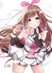 Rule 34 | 1girl, :d, blue eyes, breasts, brown hair, confetti, dated, detached collar, detached sleeves, floating hair, hairband, hands up, heart, heart hands, highres, kishimaharuno, kizuna ai, kizuna ai inc., long hair, medium breasts, midriff, multicolored hair, navel, necktie, open mouth, pink hair, pink hairband, shirt, short necktie, short shorts, shorts, signature, smile, solo, streaked hair, swept bangs, thighhighs, very long hair, virtual youtuber, white background, white shirt, white shorts, white thighhighs, wrist cuffs