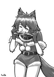 Rule 34 | 10s, 1girl, ^ ^, alternate costume, animal ears, belt, candy, candy cane, closed eyes, collar, cowboy shot, dog ears, dog girl, dog tail, eating, food, fur, fur trim, furry, furry female, gloves, greyscale, high-waist shorts, high belt, large tail, lutherniel, monochrome, monster girl, monster musume no iru nichijou, polt, pom pom (clothes), santa costume, short shorts, shorts, signature, sketch, snout, solo, tail