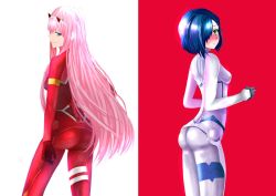 Rule 34 | 10s, 2girls, ass, blue eyes, blue hair, blush, darling in the franxx, from behind, green eyes, hair ornament, hair over one eye, headband, horns, ichigo (darling in the franxx), leotard, long hair, looking at viewer, looking back, multiple girls, open mouth, pink hair, short hair, skin tight, the only shoe, zero two (darling in the franxx)