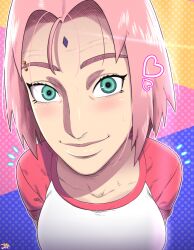 Rule 34 | 1girl, absurdres, breasts, close-up, closed mouth, collarbone, d-art, eyebrow piercing, face focus, facial mark, forehead, forehead jewel, forehead mark, green eyes, haruno sakura, highres, large breasts, lips, looking at viewer, naruto (series), piercing, pink hair, shiny skin, shirt, short hair, smile, solo, spiked hair, tagme