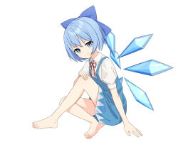 Rule 34 | 1girl, absurdres, aqoot, barefoot, blue eyes, blue hair, bow, cirno, feet, hair bow, hand on own knee, highres, light blue hair, looking at viewer, medium hair, smile, soles, toes, touhou, white background