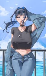Rule 34 | 1girl, alternate costume, archinoer, arm up, bird, black choker, black shirt, blue eyes, blue hair, breasts, casual, choker, cloud, colored inner hair, dangle earrings, denim, denim jacket, earrings, eyewear on head, hair intakes, highres, hololive, hololive english, jacket, jeans, jewelry, large breasts, long hair, looking at viewer, low-tied long hair, midriff, multicolored hair, navel, necklace, off shoulder, ouro kronii, outdoors, pants, railing, shirt, sky, solo, t-shirt, tongue, tongue out, unbuttoned, virtual youtuber, water