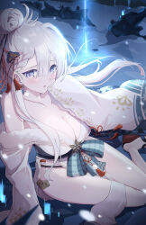 1girl braid breasts cleavage collarbone from_above fur-trimmed_kimono fur_trim grey_eyes grey_hair hair_bun hair_ornament hair_stick hand_to_own_mouth highres japanese_clothes kanzashi kimono long_hair looking_at_viewer mole mole_on_breast on_ground panties panty_straps parted_lips princess_connect! single_hair_intake solo string_panties underwear white_kimono whitel_(zou_tukasaki) yukino_(princess_connect!)