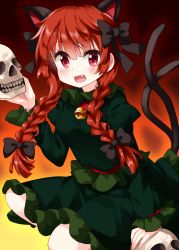 Rule 34 | 1girl, animal ears, bell, black background, black bow, blunt bangs, bow, braid, cat ears, cat tail, collar, extra ears, fang, frilled skirt, frills, gradient background, green shirt, green skirt, hair between eyes, hair bow, highres, holding, holding skull, juliet sleeves, kaenbyou rin, long hair, long sleeves, looking at viewer, multiple bows, multiple tails, neck bell, nekomata, open mouth, orange background, puffy sleeves, red background, red eyes, red hair, red skirt, ruu (tksymkw), shirt, side braids, sitting, skirt, skull, smile, solo, tail, touhou, twin braids, two tails, yellow background
