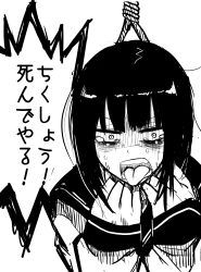 Rule 34 | 1girl, absurdres, black hair, crying, crying with eyes open, doodle, female focus, hatching (texture), highres, itoshiki eru, japanese text, monochrome, noose, open mouth, original, rope, school uniform, short hair, simple background, sketch, tears, tongue, tongue out, white background