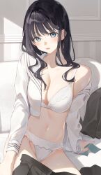 Rule 34 | 1girl, absurdres, arm support, black hair, black skirt, blush, bra, breasts, cleavage, closed mouth, collarbone, commentary, cowboy shot, crop top, grey eyes, groin, hair behind ear, highres, holding, indoors, kinako (shiratama mochi), lace, lace-trimmed bra, lace-trimmed panties, lace trim, leaning to the side, lips, long hair, long sleeves, looking at viewer, medium breasts, navel, open clothes, open shirt, open skirt, original, panties, pleated skirt, sailor collar, shirt, sidelocks, signature, single bare shoulder, sitting, skirt, solo, stomach, thighs, underwear, undressing, white bra, white panties, white sailor collar, white shirt