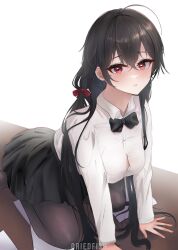 Rule 34 | 1girl, absurdres, all fours, azur lane, black bow, black bowtie, black hair, black pantyhose, black skirt, bow, bowtie, breasts, button gap, cleavage, collared shirt, hair between eyes, highres, large breasts, long hair, long sleeves, looking at viewer, miniskirt, official alternate costume, pantyhose, pleated skirt, realdriedfish, red eyes, shirt, simple background, skirt, solo, taihou (azur lane), taihou (sweet time after school) (azur lane), taut clothes, taut shirt, very long hair, white background, white shirt