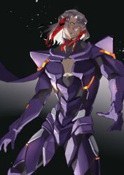 Rule 34 | 1boy, absurdres, armor, arms at sides, black background, fate/grand order, fate (series), grey hair, hair between eyes, haruakira, highres, light particles, looking at viewer, male focus, mature male, multicolored hair, odysseus (fate), open mouth, pectoral cleavage, pectorals, purple armor, short hair, solo, streaked hair, teeth, turtleneck, upper teeth only, yellow eyes