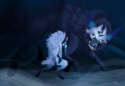 Rule 34 | 1girl, 2024, absurdres, animal ears, artist name, body fur, colored extremities, furry, furry female, glowing, glowing eyes, grey fur, highres, kindred (league of legends), lamb (league of legends), league of legends, long hair, mask, saliva, sharp teeth, sheep ears, sheep girl, sheep tail, standing, tail, teeth, uzi (dogeist), wolf (league of legends)
