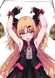Rule 34 | 1girl, akatsuki uni, armpits, black dress, black gloves, black jacket, blonde hair, blush, dress, fang, fingerless gloves, gloves, hair ornament, hairclip, hands up, highres, jacket, long hair, looking at viewer, open mouth, parted bangs, red eyes, santa (sunflower), skin fang, solo, two side up, uni create, very long hair, virtual youtuber