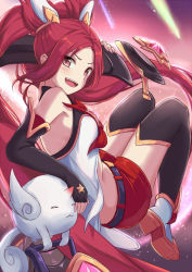 Rule 34 | 1girl, :d, alternate costume, alternate hair color, black gloves, black thighhighs, blush, elbow gloves, fingerless gloves, gloves, highres, itachi kanade, jinx (league of legends), league of legends, long hair, looking at viewer, magical girl, midriff, open mouth, red eyes, red hair, shiro (league of legends), smile, solo, star guardian (league of legends), star guardian jinx, thighhighs, twintails, very long hair, weapon