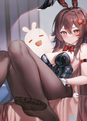 Rule 34 | 1girl, alternate costume, animal ears, arm strap, bare shoulders, black hairband, black leotard, black pantyhose, boo tao (genshin impact), bow, bowtie, breasts, brown hair, closed mouth, detached collar, eric (tianqijiang), fake animal ears, feet, genshin impact, hair ornament, hairband, highres, hu tao (genshin impact), large breasts, leotard, long hair, looking at viewer, pantyhose, playboy bunny, rabbit ears, red bow, red bowtie, red eyes, sitting, symbol-shaped pupils, thighs, toes