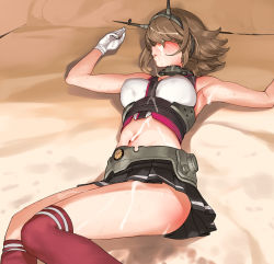Rule 34 | 1girl, a1 (initial-g), armpits, black skirt, blush, breasts, brown hair, collar, cum, cum on body, cum on clothes, facial, gloves, headgear, kantai collection, large breasts, lying, messy hair, metal collar, midriff, mutsu (kancolle), navel, on back, on bed, red thighhighs, skirt, solo, striped clothes, striped skirt, striped thighhighs, thighhighs, thighs, white gloves