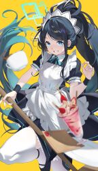 Rule 34 | 1girl, absurdly long hair, apron, aqua halo, aris (blue archive), aris (maid) (blue archive), black dress, black hair, black wristband, blue archive, blue eyes, cup, dress, green halo, halo, highres, holding, holding mop, ktr (tpun2553), long hair, looking at viewer, maid, maid apron, maid headdress, mop, mug, official alternate costume, parfait, ponytail, puffy short sleeves, puffy sleeves, short sleeves, smile, strawberry parfait, thighhighs, very long hair, white apron, white thighhighs