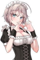 Rule 34 | 1girl, :o, anastasia (idolmaster), black corset, blue eyes, blush, breasts, cleavage, corset, cowlick, detached collar, frills, hair between eyes, heart, heart hands, highres, idolmaster, idolmaster cinderella girls, looking at viewer, maid, maid headdress, medium breasts, open mouth, rum raisin (chihiromakita19), short hair, short sleeves, simple background, solo, upper body, white background, white hair, wrist cuffs