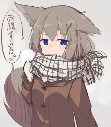 Rule 34 | 1girl, animal ears, blue eyes, blush, breath, brown coat, coat, covered mouth, grey background, grey hair, hair between eyes, hair ornament, hairclip, hand up, long sleeves, mittens, nagishiro mito, original, plaid, plaid scrunchie, scarf, scrunchie, simple background, sketch, solo, tail, tail raised, translation request, upper body, white mittens, white scarf