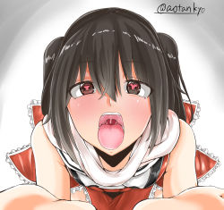 Rule 34 | 10s, 1girl, aotankyo, artist name, black hair, heart, heart-shaped pupils, highres, kantai collection, long hair, looking at viewer, open mouth, oral invitation, red eyes, sendai (kancolle), solo, symbol-shaped pupils, teeth, tongue, tongue out, twintails, upper body, uvula