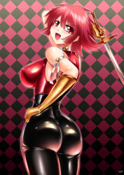 Rule 34 | 1girl, ass, back, bare shoulders, blush, bodysuit, breasts, covered erect nipples, cutie honey, cutie honey (character), from behind, gloves, highres, hip focus, huge ass, kogawawaki, looking at viewer, looking back, open mouth, red eyes, red hair, shiny clothes, shiny skin, short hair, sideboob, skin tight, smile, solo, sword, thick thighs, thighs, weapon, wide hips