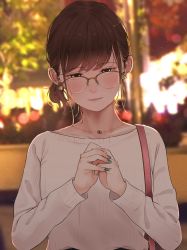Rule 34 | 1girl, absurdres, bad id, bad pixiv id, bag, blurry, blurry background, blush, brown eyes, brown hair, collarbone, glasses, green nails, highres, jewelry, long sleeves, mole, mole under eye, nail polish, necklace, original, outdoors, own hands together, saitou (lynx-shrike), shirt, short hair, shoulder bag, solo, swept bangs, upper body, white shirt