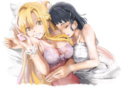 Rule 34 | 2girls, asuna (sao), asymmetrical bangs, bare shoulders, bed, black hair, blunt bangs, bra, bracelet, braid, breast press, breasts, brown eyes, cleavage, clenched hand, clenched teeth, closed eyes, collarbone, condom, condom wrapper, couple, dress, female focus, french braid, grin, hair ornament, hairclip, hand up, highres, holding, holding condom, holding hands, hozumi irie, hug, jewelry, kirigaya suguha, large breasts, lips, lipstick, long hair, looking at viewer, lying, makeup, medium breasts, multiple girls, neck, necklace, nightgown, on back, on bed, on side, open mouth, orange hair, parted bangs, pillow, pink dress, pink lips, see-through, short hair, side braid, simple background, sleeping, smile, sword art online, teeth, underwear, upper body, white bra, white dress, yuri