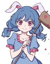 Rule 34 | 1girl, absurdres, ambiguous red liquid, animal ears, blue dress, blue hair, dress, earclip, highres, kame (kamepan44231), kine, mallet, one-hour drawing challenge, rabbit ears, red eyes, seiran (touhou), simple background, solo, stain, touhou, white background