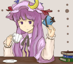 Rule 34 | 1girl, bad id, bad pixiv id, book, cup, face, female focus, fujinoki (horonabe-ken), gift, hat, holding, holding gift, long hair, patchouli knowledge, purple eyes, purple hair, ribbon, shimo fuji, solo, teacup, touhou