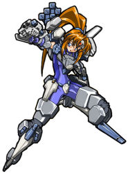 Rule 34 | 1girl, armored core, armored core 3, blue eyes, bodysuit, brown hair, from software, gun, long hair, mecha musume, simple background, solo, third-party edit, weapon