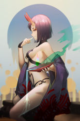 Rule 34 | 1girl, absurdres, alcohol, artist name, bare shoulders, bob cut, breasts, closed mouth, cup, eyebrows, fang, fate/grand order, fate (series), finger to mouth, highres, horns, japanese clothes, luomo, medium breasts, oni, pink eyes, profile, purple hair, red horns, sakazuki, sake, short hair, shuten douji (fate), sitting, skin-covered horns, smile, solo