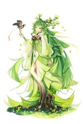 Rule 34 | 1girl, absurdres, bird, bird on hand, dress, facial mark, forehead mark, full body, ginkgo leaf, green dress, green hair, green nails, hair branch, hand up, highres, leaf, leaf print, long hair, long sleeves, looking at viewer, monster girl, original, plant girl, plant roots, puffy long sleeves, puffy sleeves, solo, very long hair, white background, xialuo yingling, yellow eyes