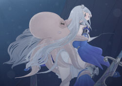 Rule 34 | 1girl, absurdres, ankle fins, backless dress, backless outfit, blue dress, blue eyes, blush, circle, dress, duel monster, from behind, grey hair, groping, highres, light particles, long hair, looking back, masaki (yuuuunno), octopus, open mouth, panties, siren (mythology), sleeves past wrists, solo, tearlaments havnis, tentacles, tiara, underwater, underwear, yu-gi-oh!