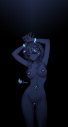 Rule 34 | 1girl, alternate hairstyle, black background, completely nude, earrings, flower, genshin impact, glowing, glowing earrings, glowing jewelry, hair flower, hair ornament, highres, jewelry, looking at viewer, lumine (genshin impact), navel piercing, nipple piercing, nipples, nude, piercing, pussy piercing, shailo, short hair with long locks, solo, swept bangs, thighs, white flower