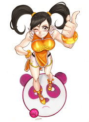 Rule 34 | 1girl, ;), black hair, blush, bracelet, breasts, brown eyes, china dress, chinese clothes, dress, foreshortening, from above, highres, ivan llanos, jewelry, large breasts, ling xiaoyu, long hair, namco, one eye closed, orange shirt, panda, sandals, shirt, smile, solo, tekken, tekken 3, tekken 4, tekken 5, tekken 5 (dark resurrection), tekken tag tournament, tekken tag tournament 2, toned, twintails, wink