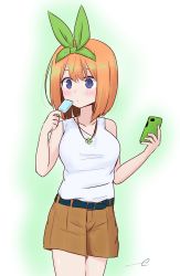 Rule 34 | 1girl, absurdres, bare arms, bare shoulders, belt buckle, blush, breasts, brown hair, brown shorts, buckle, cellphone, closed mouth, collarbone, commentary request, diagonal stripes, food, four-leaf clover necklace, go-toubun no hanayome, green ribbon, hair between eyes, hair ribbon, highres, holding, holding food, holding phone, kujou karasuma, medium breasts, nakano yotsuba, phone, popsicle, purple eyes, ribbon, short shorts, shorts, solo, striped, striped belt, tank top, white tank top