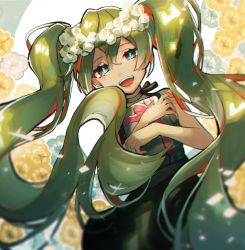 Rule 34 | 1girl, black dress, box, choker, commentary, dress, floral background, flower, gift, gift box, green eyes, green flower, green hair, hair flower, hair ornament, hatsune miku, head wreath, highres, holding, holding gift, long hair, looking at viewer, namo (00), open mouth, ribbon choker, smile, solo, twintails, upper body, very long hair, vocaloid, white flower, yellow flower