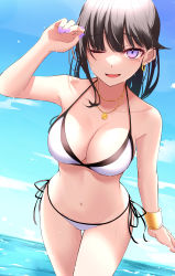 Rule 34 | 1girl, ;d, absurdres, arm up, armpits, bare arms, bare shoulders, bikini, black hair, bracelet, breasts, cleavage, cowboy shot, earrings, halterneck, highres, ichiki 1, jewelry, kanojo-chan (ichiki 1), large breasts, long hair, looking at viewer, mole, mole on breast, mole on thigh, mole under eye, nail polish, navel, necklace, one eye closed, open mouth, original, purple eyes, purple nails, side-tie bikini bottom, smile, solo, stomach, string bikini, swimsuit, thigh gap, thighs, wet, white bikini