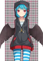 Rule 34 | 1girl, alternate costume, bat wings, blue hair, blue pantyhose, blush, casual, checkered background, collarbone, contemporary, hood, hoodie, long sleeves, looking at viewer, pantyhose, plaid, plaid background, red eyes, remilia scarlet, shirt, short hair, simple background, sleeves past wrists, smile, solo, standing, striped clothes, striped pantyhose, touhou, uumaru1869, vampire, white shirt, wings, zipper