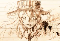 Rule 34 | blood, blood on face, bloody tears, collared shirt, dolls in pseudo paradise, facing viewer, hat, highres, jacket girl (dipp), monochrome, portrait, rokki hero, shirt, smile, touhou, traditional media