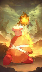 Rule 34 | absurdres, apron, chef hat, chef kawasaki, dark matter blade, explosion, floating, from behind, glowing, glowing eye, hat, highres, kirby (series), levitation, nintendo, no humans, outdoors, shiburingaru, weapon