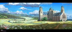 absurdres architecture artist_name asteriated_adventures blue_sky cathedral cloud copyright_name day english_text flower forest grass highres landscape meadow mountainous_horizon nature no_humans official_art outdoors path reisen13 river road scenery sign sky white_flower