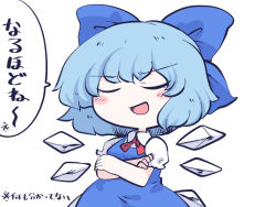 Rule 34 | 1girl, blue bow, blue dress, blue hair, blush stickers, bow, chahan (fried rice0614), cirno, closed eyes, collared shirt, crossed arms, detached wings, doyagao, dress, fairy, hair bow, ice, ice wings, meme, one-hour drawing challenge, open mouth, shirt, short hair, short sleeves, simple background, smile, smug, solo, speech bubble, touhou, translated, white background, white shirt, wings