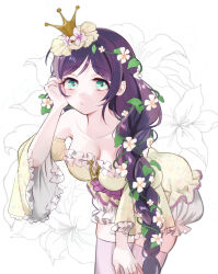 Rule 34 | 1girl, 299 (horisso), adjusting hair, bent over, bloomers, braid, breasts, cleavage, commentary, crown, detached sleeves, dot nose, dress, floral background, flower, green eyes, hair flower, hair ornament, hair vines, highres, large breasts, looking at viewer, love live!, mini crown, official alternate costume, official alternate hairstyle, plant, puckered lips, simple background, solo, tojo nozomi, underwear, vines, white background, white flower, yellow dress