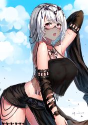 Rule 34 | :o, arm up, armpits, bare shoulders, blush, breasts, camisole, cloud, cloudy sky, commentary request, dated, day, detached sleeves, gem, headpiece, highres, jewelry, large breasts, leaning forward, looking at viewer, necklace, nipples, open mouth, original, outdoors, purple eyes, sarong, see-through, short hair, signature, sky, solo, thighlet, veil, wangqi, water drop, white hair, wide sleeves